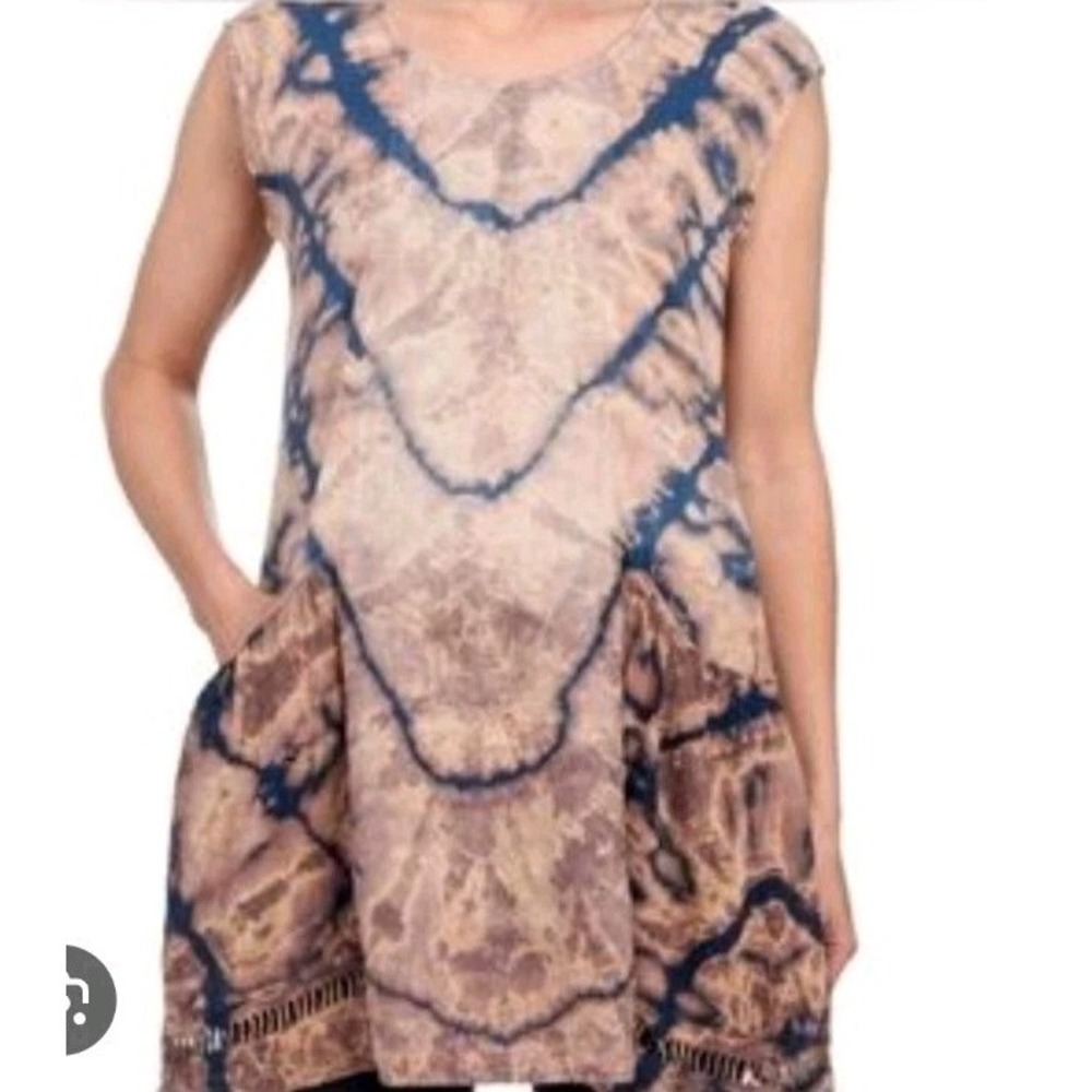 XCVI Womens Tie Dye Short‎ Sleeve Tunic Linen Blend Top M Boho Casual Lagenlook